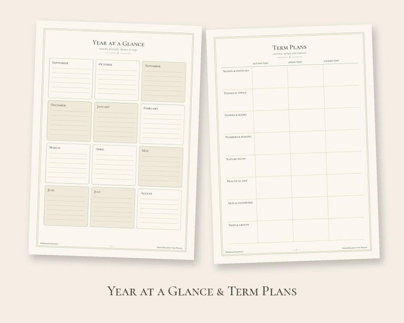 May include: Two printable planner pages with a cream background and dark text. The left page is titled Year at a Glance with monthly lined sections. The right page is titled Term Plans with a grid layout for subjects and weekly goals.