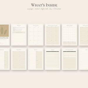Puede incluir: Un conjunto de planificador de vida digital sin fecha con 12 p&aacute;ginas de tinta clara, tama&ntilde;os A4 y US Letter. El dise&ntilde;o incluye una portada con gr&aacute;ficos de hojas, calendarios mensuales, planificadores semanales y diarios, y notas.