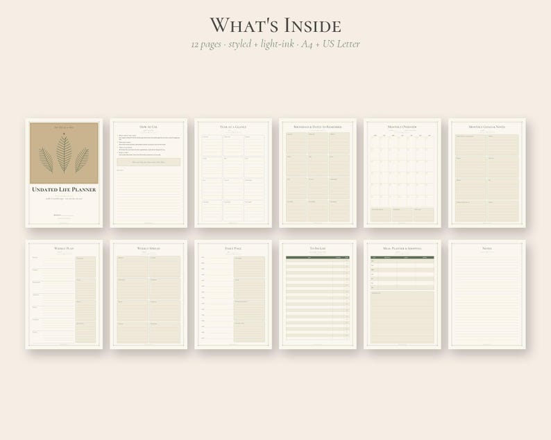 Puede incluir: Un conjunto de planificador de vida digital sin fecha con 12 p&aacute;ginas de tinta clara, tama&ntilde;os A4 y US Letter. El dise&ntilde;o incluye una portada con gr&aacute;ficos de hojas, calendarios mensuales, planificadores semanales y diarios, y notas.