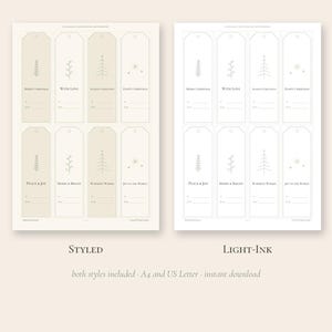 May include: A set of eight rectangular gift tags arranged in two columns, featuring minimalist line art of trees and stars. Each tag includes the phrases Merry Christmas, With Love, Happy Holidays, Peace & Joy, Merry & Bright, and Warmest Wishes.