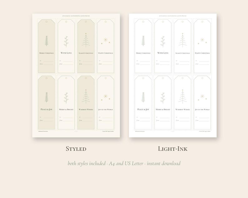 May include: A set of eight rectangular gift tags arranged in two columns, featuring minimalist line art of trees and stars. Each tag includes the phrases Merry Christmas, With Love, Happy Holidays, Peace & Joy, Merry & Bright, and Warmest Wishes.