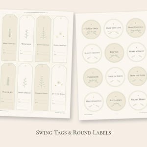 May include: A sheet of rectangular swing tags and a sheet of round labels in beige and white. The tags feature holiday phrases like Merry Christmas and Peace & Joy. The round labels include text such as Do Not Open and Made with Love.