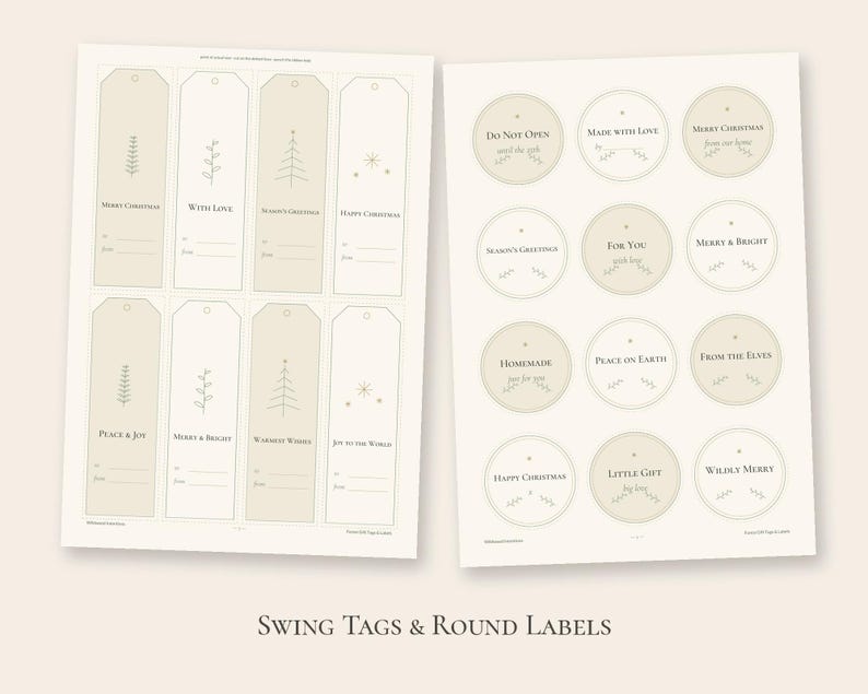 May include: A sheet of rectangular swing tags and a sheet of round labels in beige and white. The tags feature holiday phrases like Merry Christmas and Peace & Joy. The round labels include text such as Do Not Open and Made with Love.