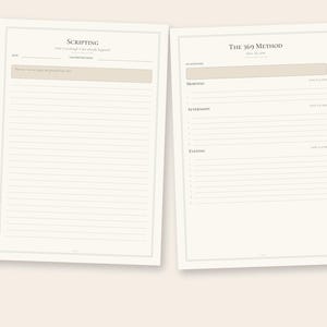 Pode incluir: Duas folhas de papel creme com texto e linhas pretas. A folha esquerda tem o t&iacute;tulo Scripting com uma &aacute;rea de texto. A folha direita tem o t&iacute;tulo The 369 Method com se&ccedil;&otilde;es para Morning, Afternoon e Evening, com linhas numeradas.