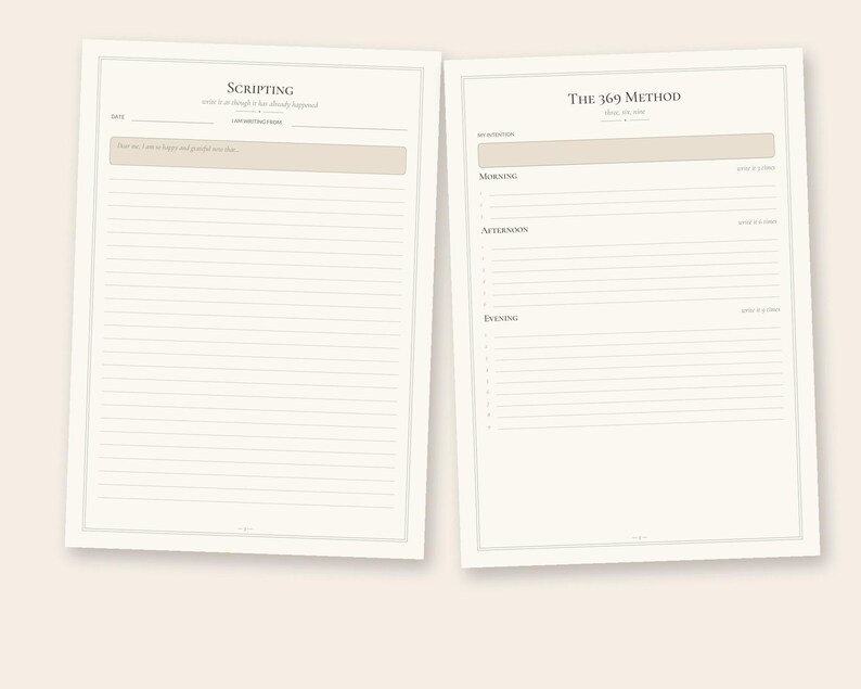 Pode incluir: Duas folhas de papel creme com texto e linhas pretas. A folha esquerda tem o t&iacute;tulo Scripting com uma &aacute;rea de texto. A folha direita tem o t&iacute;tulo The 369 Method com se&ccedil;&otilde;es para Morning, Afternoon e Evening, com linhas numeradas.