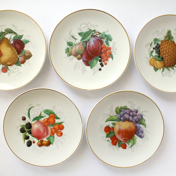 Vintage 1950-1960 Set of Five PMR Bavaria Jaeger Co Porcelain Fruit Plates, 7.75" Diameter, Golden Crown E&R Ebeling and Reuss Co Importer