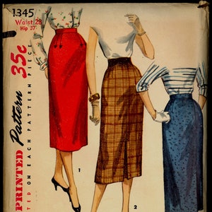 May include: A vintage Simplicity pattern showing illustrations of three pencil skirts. The skirts are in red, plaid, and blue floral patterns. The pattern includes the text "Simplicity Printed Pattern". Measurements are given as waist 28 inches and hip 37 inches.