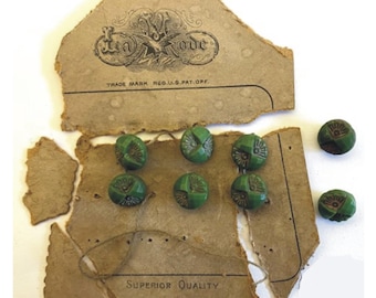 Set 8 Faceted 3/8 inch Green Glass Shank Buttons, Etched Design, Gold, La Mode Card Lot