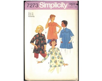 Uncut 70s Size 14 Bust 36 Maternity Top Tunic Simplicity 7273 Vintage Sewing Pattern 1970s Cuffed Sleeves Front Slit