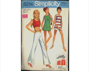 1960s tamaño 9 JP Busto 33 Jiffy Hip Hugger Bell Bottoms Shorts Top Simplicity 8214 Vintage patrón de costura fácil botón hombro pantalones