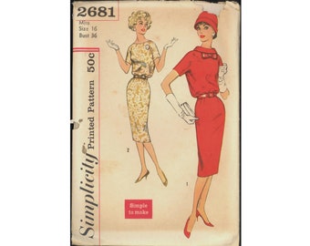 Uncut 1950s Size 16 Bust 36 Easy Bloused Bodice Dress Belt Simplicity 2681 Vintage Sewing Pattern 50s Mid Century Simple to Make