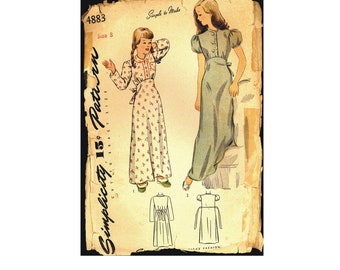 1940s Size 8 Breast 26 Girls Easy Long Bias Cut Nightgown Heart Pocket Simplicity 4883 Vintage Sewing Pattern 40s WW 2 Mid Century Simple