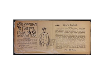 Uncut 1890s Size 16 years Chest 32 Boy’s Jacket Cosmopolitan 610 Vintage Sewing Pattern Antique Victorian Single Breasted Not Copy