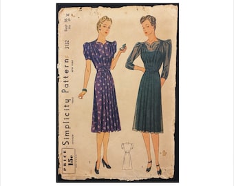 1930s Size 36 Bust 36 Mature Figure Dress Simplicity 3132 Vintage Sewing Pattern Shaped Neckline Bodice Tucks