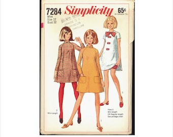 Part Cut 60s Size 12 Bust 32 Mod Mini Tent Dress Panties Simplicity 7284 Vintage Sewing Pattern 1960s A Line Bloomers