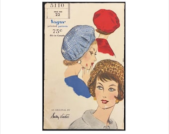 Part Cut 1960s Size 22 inch Sally Victor Profile Hat Vogue 5110 Vintage Sewing Pattern Dart Fitted Beret Not A Copy