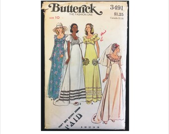 Part Cut 1970s Size 10 Bust 32 1/2 Raised Waist Bridal Gown Train Butterick 3491 Vintage Sewing Pattern Wedding Dress Bridesmaid 5746