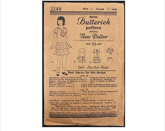 1930s Size 6 years Breast 24 inch Girls Slip Over Frock Butterick 3248 Vintage Sewing Pattern Tiered Skirt Ribbon Flower Bertha