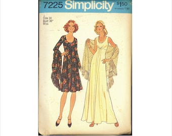 Uncut 1970s Size 14 Bust 36 Raised Waist Dress Two Versions Simplicity 7225 Vintage Sewing Pattern 70s Maxi Gown Shawl