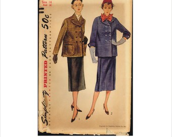 May include: A vintage sewing pattern for a double-breasted coat with a skirt. The pattern is printed on a cream-colored paper with a red and black border. The pattern is for size 14, bust 32. The pattern is titled "Simply Printed Pattern 50c".