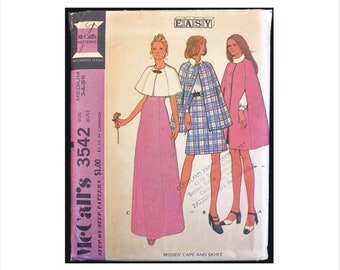 Uncut 1970s Size Medium Bust 34 36 Easy Buttoned Cape Skirt McCalls 3542 Vintage Sewing Pattern Mod Capelet