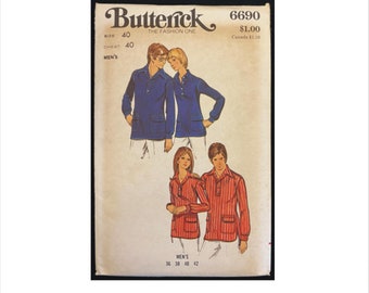 Uncut 1970s Size 40 Mens Loose Fitting Shirt Butterick 6690 Vintage Sewing Pattern Shirttail Hem Pointed Collar Pockets