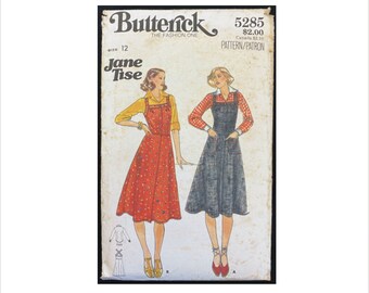 Part Cut 1970s Size 12 Bust 34 Jane Tise Shirt Sundress Butterick 5285 Vintage Sewing Pattern Jumper Pockets Designer