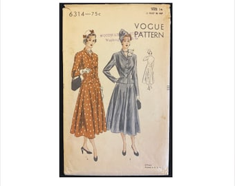 1940s Size 14 Bust 32 Suit Dress Vogue 6314 Vintage Sewing Pattern Jacket Circular Skirt Scalloped Hem Issue