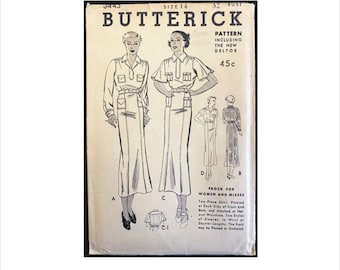 Uncut 1930s Size 14 Bust 32 Frock Two Piece Skirt Butterick 6443 Vintage Sewing Pattern Deco Dress Pockets Sleeve Variations