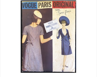 Uncut 1960s Size 14 Bust 34 Nina Ricci Wrap Dress Dickey LABEL Vogue 1370 Vintage Sewing Pattern Designer Paris Original