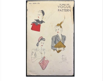 1940s Size 23 Inches Pompadour Hat and Bag Vogue 9099 Vintage Sewing Pattern Inside Pocket Zipper Purse Not a Copy