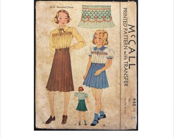 1930s Size 4 Breast 23 Girls Smocked 2 Piece Dress McCalls 448 Vintage Sewing Pattern Skirt Blouse Smocking Instruction French Spanish