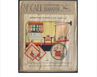 Uncut 1920s Transfer Applique & Embroidery Design for Kitchen McCall Kaumagraph 1618 Vintage Sewing Pattern Iron On Towel Curtain Pot Holder