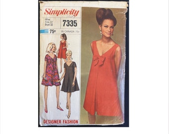 1960s Size 12 Bust 32 V Neck Dress Simplicity 7335 Vintage Sewing Pattern Designer Fashion Special Occasion