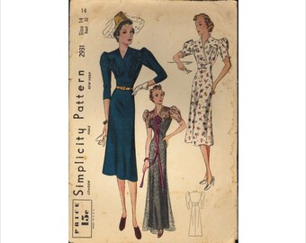 1930s Size 14 Bust 32 Daytime and Evening Length Gown Simplicity 2931 Vintage Sewing Pattern 30s Dress Special Occasion Formal