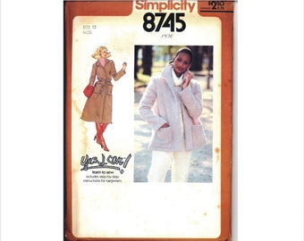 Uncut 1970s Size 12 Bust 34 Coat with Collar Tie Belt Simplicity 8745 Vintage Sewing Pattern 70s Unlined Beginners Guide