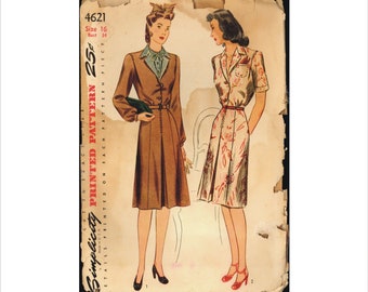 1940s Size 16 Bust 34 Button Front Dress Dickey Simplicity 4621 Vintage Sewing Pattern 40s Side Zipper WW2