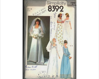 1970s Size 10 Bust 32 1/2 Empire Waist Wedding Dress Train Bridesmaid Simplicity 8392 Vintage Sewing Pattern Gown Bridal 70s Retro Prom