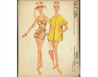 Part Cut 60s Size 12 Bust 32 Sarong Bathing Suit Jacket McCalls 5455 Vintage Sewing Pattern 1960s Beach Swim Mid Century