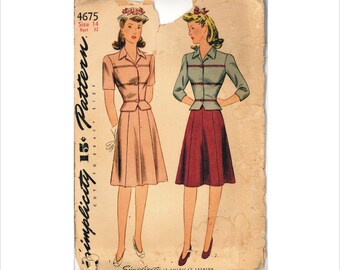 1940s Size 14 Bust 32 2 Piece Dress Blouse Skirt Simplicity 4675 Vintage Sewing Pattern 40s WW2 Mid Century