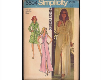 Uncut 1970s Size 14 Bust 36 Designer Fashion Button Front Maxi Dress Simplicity 6894 Vintage Sewing Pattern 70s Long