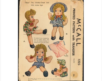 Uncut 1940s 16 1/2 inch Nina Chubby Check Stuffed Rag Doll and Clothes McCalls 1225 Vintage Sewing Pattern 40s Transfer Included WW2