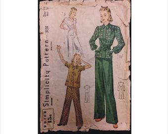 1930s Size 14 Bust 32 Pajamas Simplicity 3156 Vintage Sewing Pattern 30s Deco Trousers Blouse Loose Fitting Pants Top