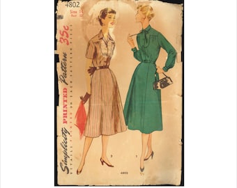 1950s Size 14 Bust 32 Shirtwaist Dress Simplicity 4802 Vintage Sewing Pattern 50s Mid Century Front Yoke Bloused Bodice