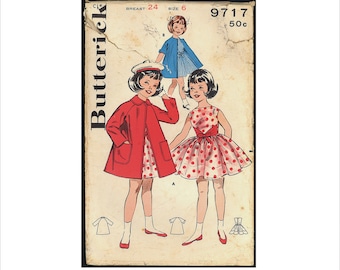 1960s Size 6 Breast 24 Girls Front Sash Bouffant Dress Coat Butterick 9717 Vintage Sewing Pattern 60s Mid Century Full Skirt Party Issue