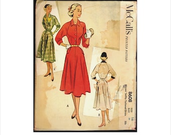 Part Cut 50s Size 16 Bust 34 Softly Tailored Dress McCalls 8608 Vintage Sewing Pattern 1950s Mid Century Belted Raglan Sleeves Full Skirt