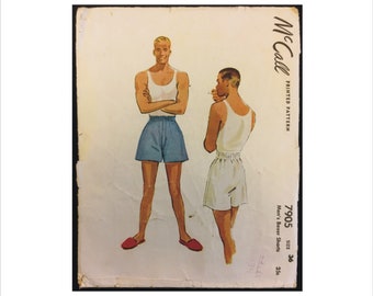 1940s Waist Size 36 Mens Shorts Briefs Boxers McCall 7905 Vintage Sewing Pattern Mid Century Elastic Waist Underwear