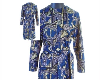 1960s Bust 40 Blue Abstract Print Dress Shift Belt OOAK Mid Century Vintage Retro 60s