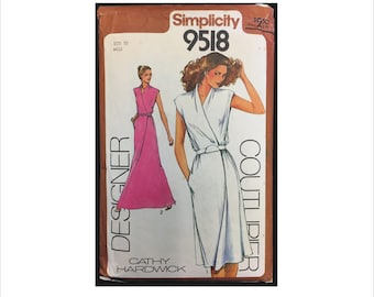 1980s Size 10 Bust 32 1/2 Cathy Hardwick Mock Wrap Dress Simplicity 9518 Vintage Sewing Pattern 80s Retro Designer Couturier Surplice Maxi