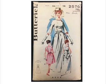 Part Cut 1960s Sz 14 Bust 34 Princess Seam Bell Skirt Bridal Gown Jacket Butterick 2570 Sewing Pattern Mid Century Wedding Dress Bridesmaid
